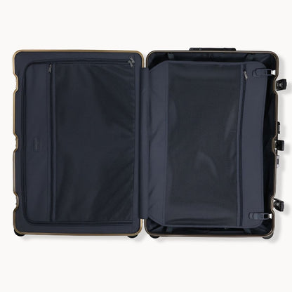 Open black suitcase on a white background