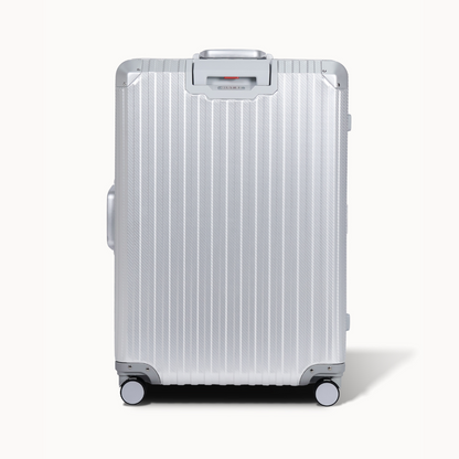 Silver suitcase with a visible brand logo on a white background