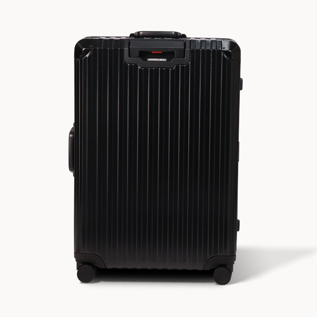 Black suitcase with visible brand name on a white background