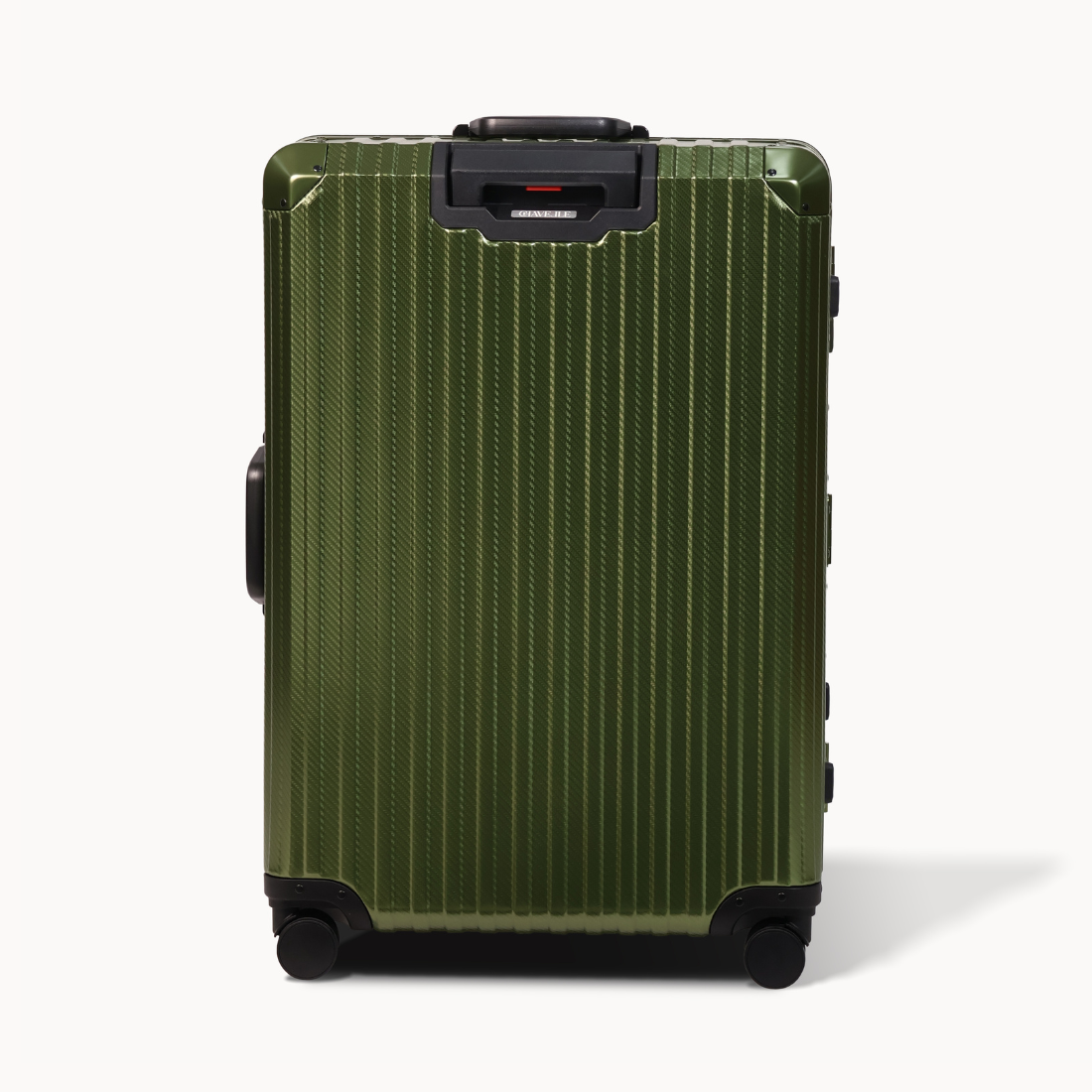 Green suitcase with black wheels on a white background