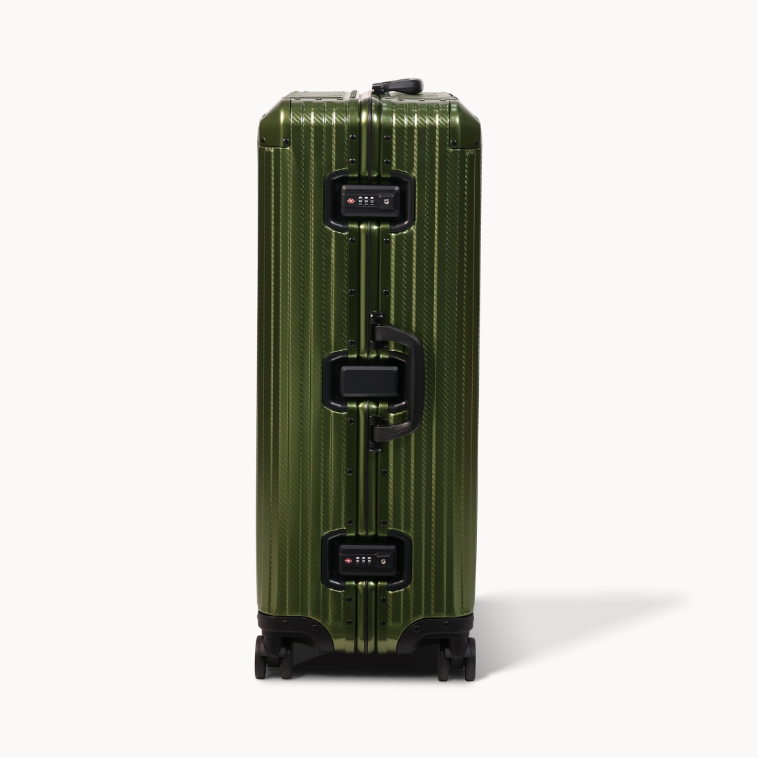 Green suitcase with black accents on a white background