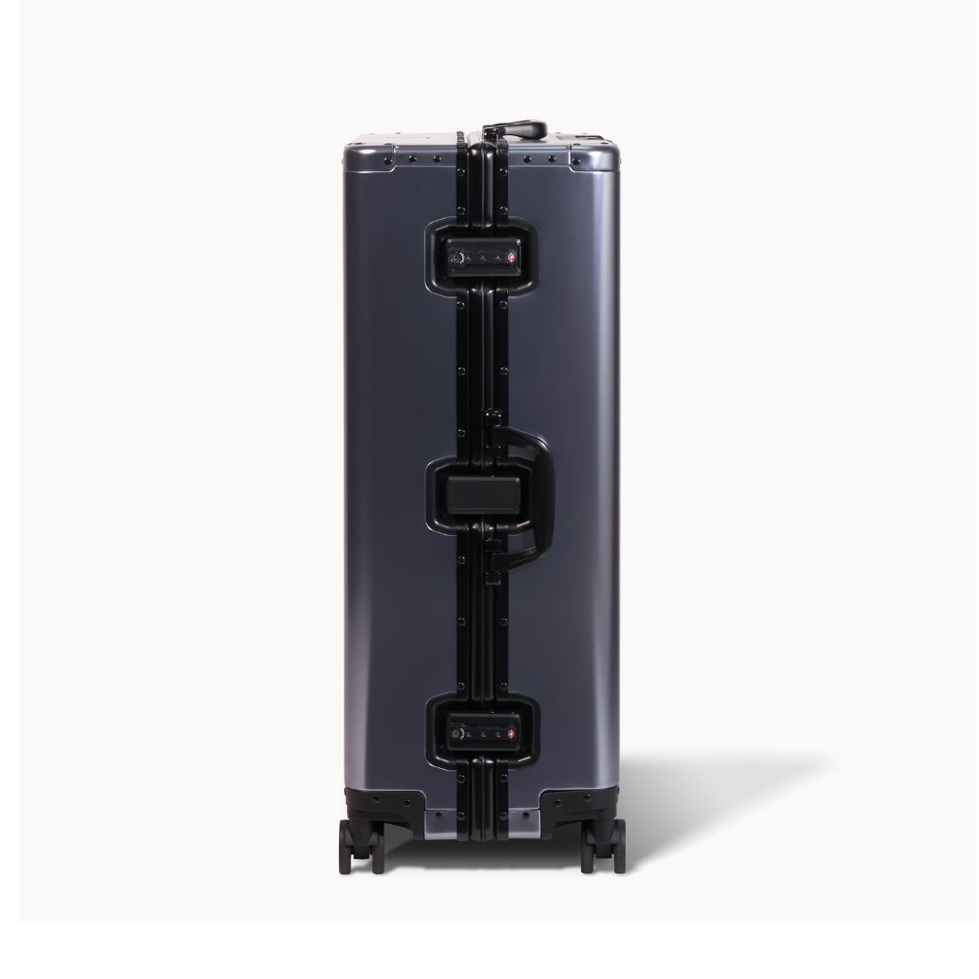 CHAVELLE aluminium suitcase gun metal close-up of TSA-approved lock and side handle