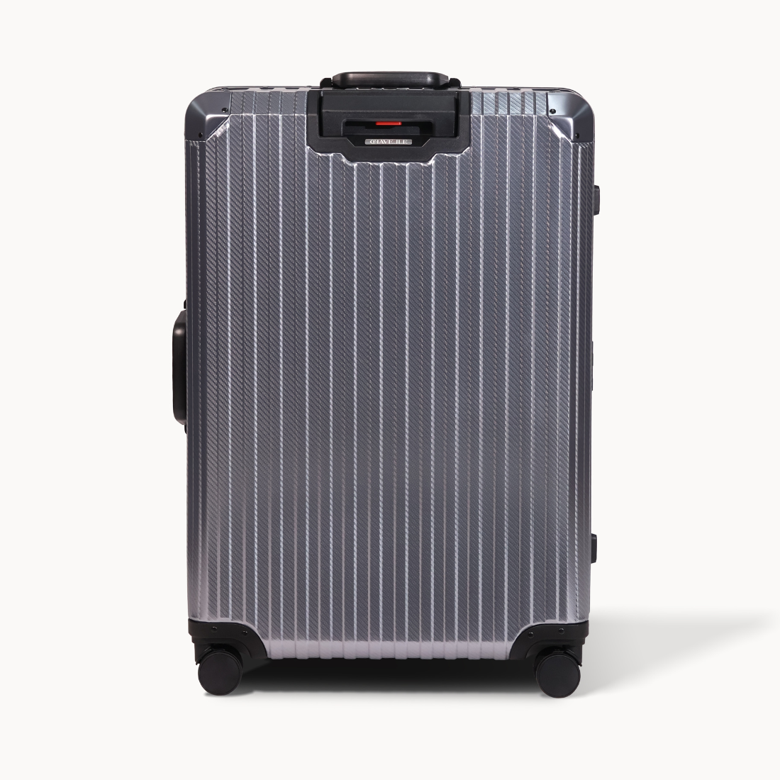 Silver suitcase with black wheels and handle on a white background