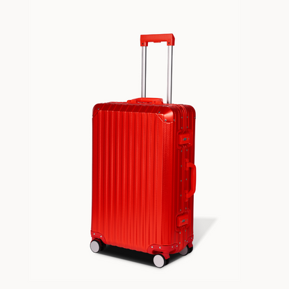 Red suitcase with a striped pattern on a white background