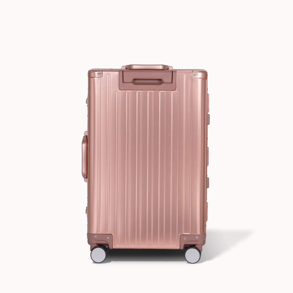 CHAVELLE rose gold luxury aluminium suitcase rose gold back profile with glossy finish 