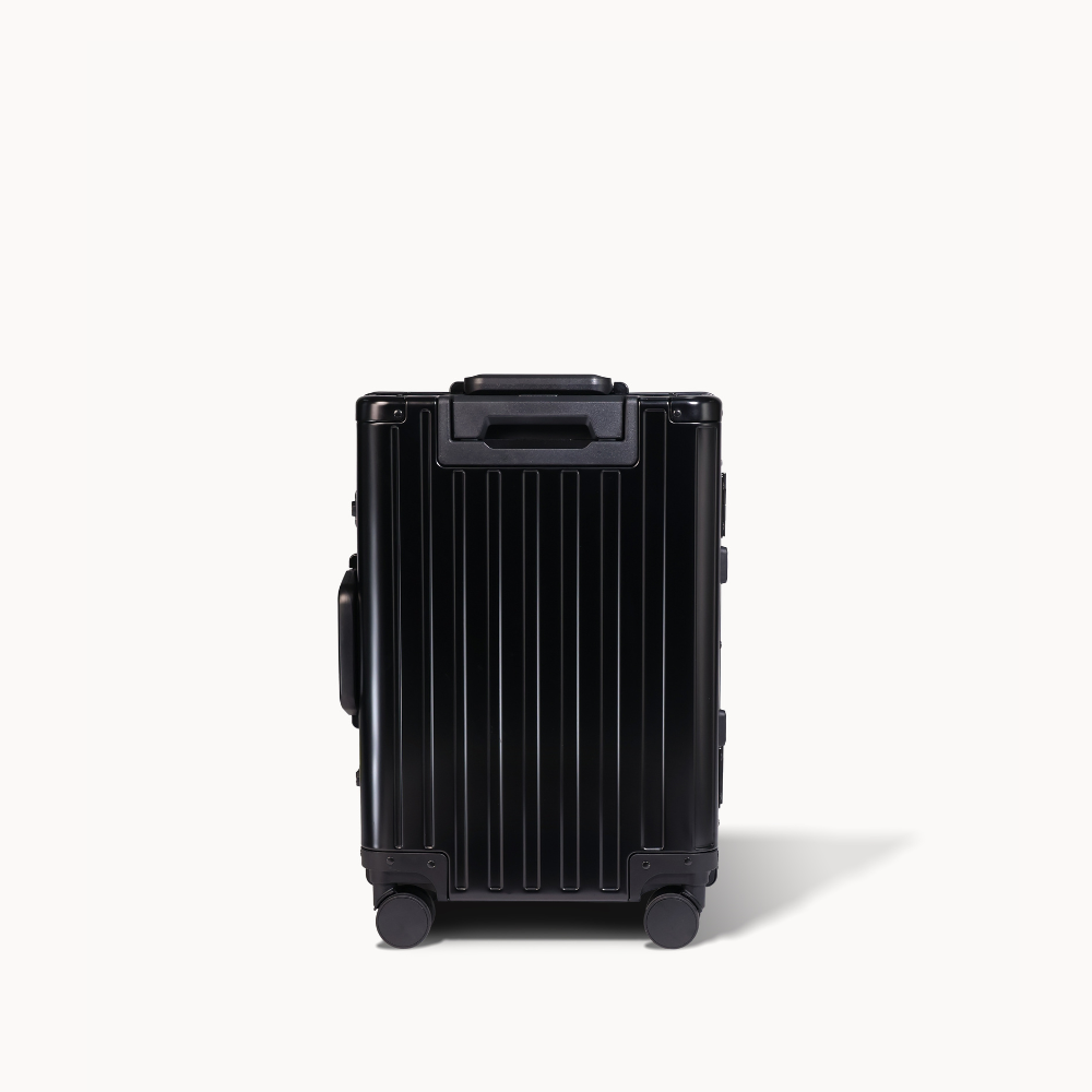 CHAVELLE luxury aluminium suitcase black back profile with glossy finish 
