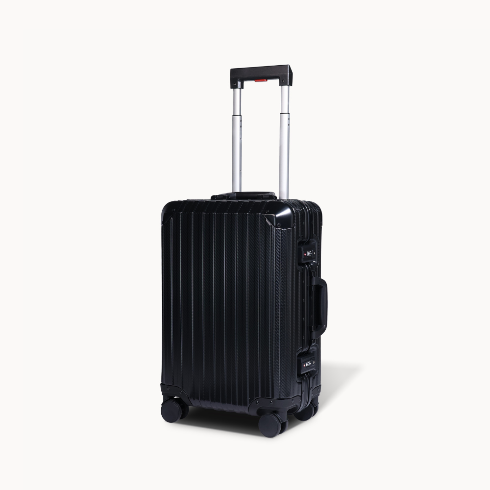 Black suitcase with a striped pattern on a white background