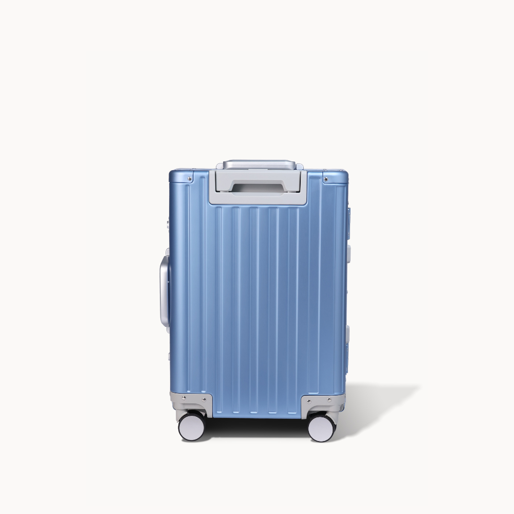 CHAVELLE luxury aluminium suitcase blue back profile with glossy finish 