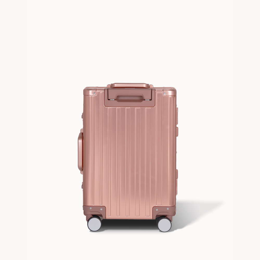CHAVELLE luxury aluminium suitcase rose gold back profile with glossy finish
