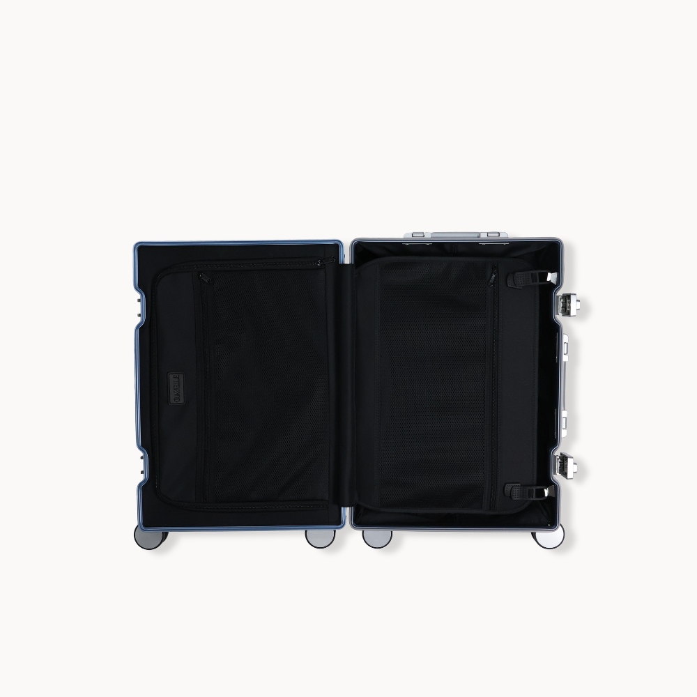 CHAVELLE aluminium suitcase blue open view showing spacious interior and compartments