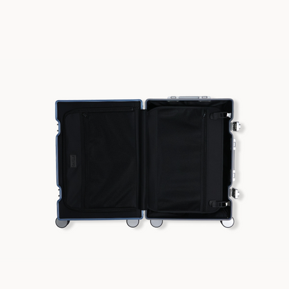 CHAVELLE aluminium suitcase blue open view showing spacious interior and compartments