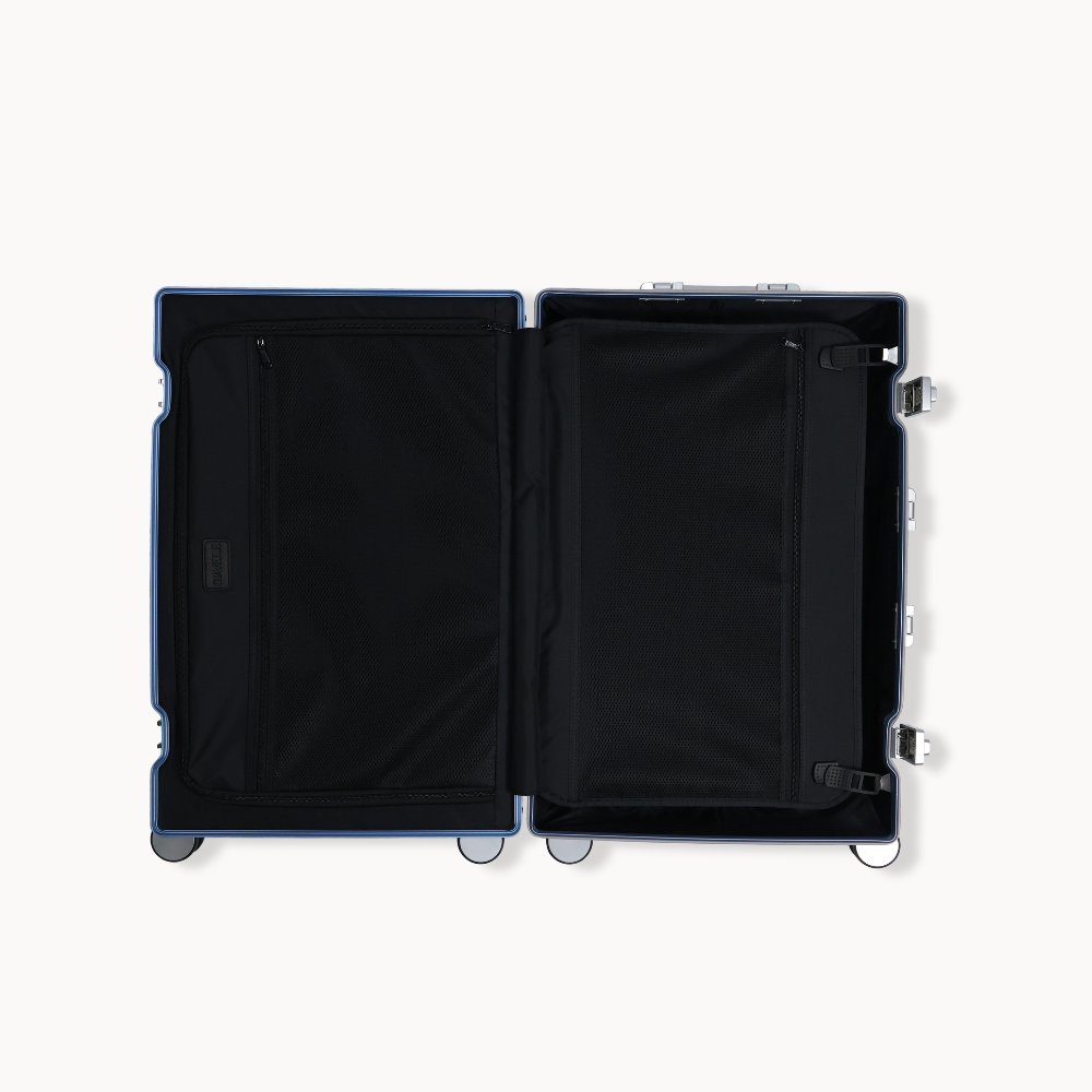 CHAVELLE aluminium suitcase blue open view showing spacious interior and compartments