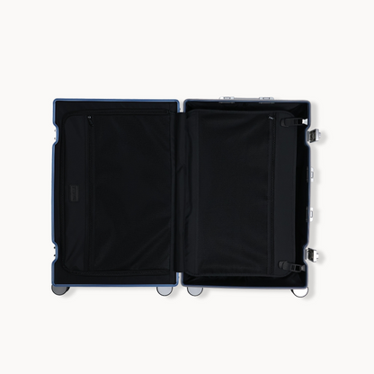 CHAVELLE aluminium suitcase blue open view showing spacious interior and compartments
