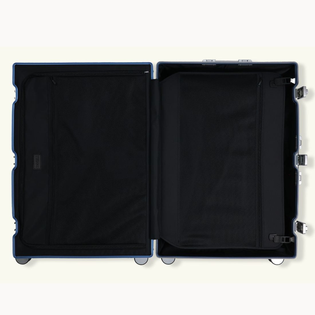 CHAVELLE aluminium suitcase blue open view showing spacious interior and compartments