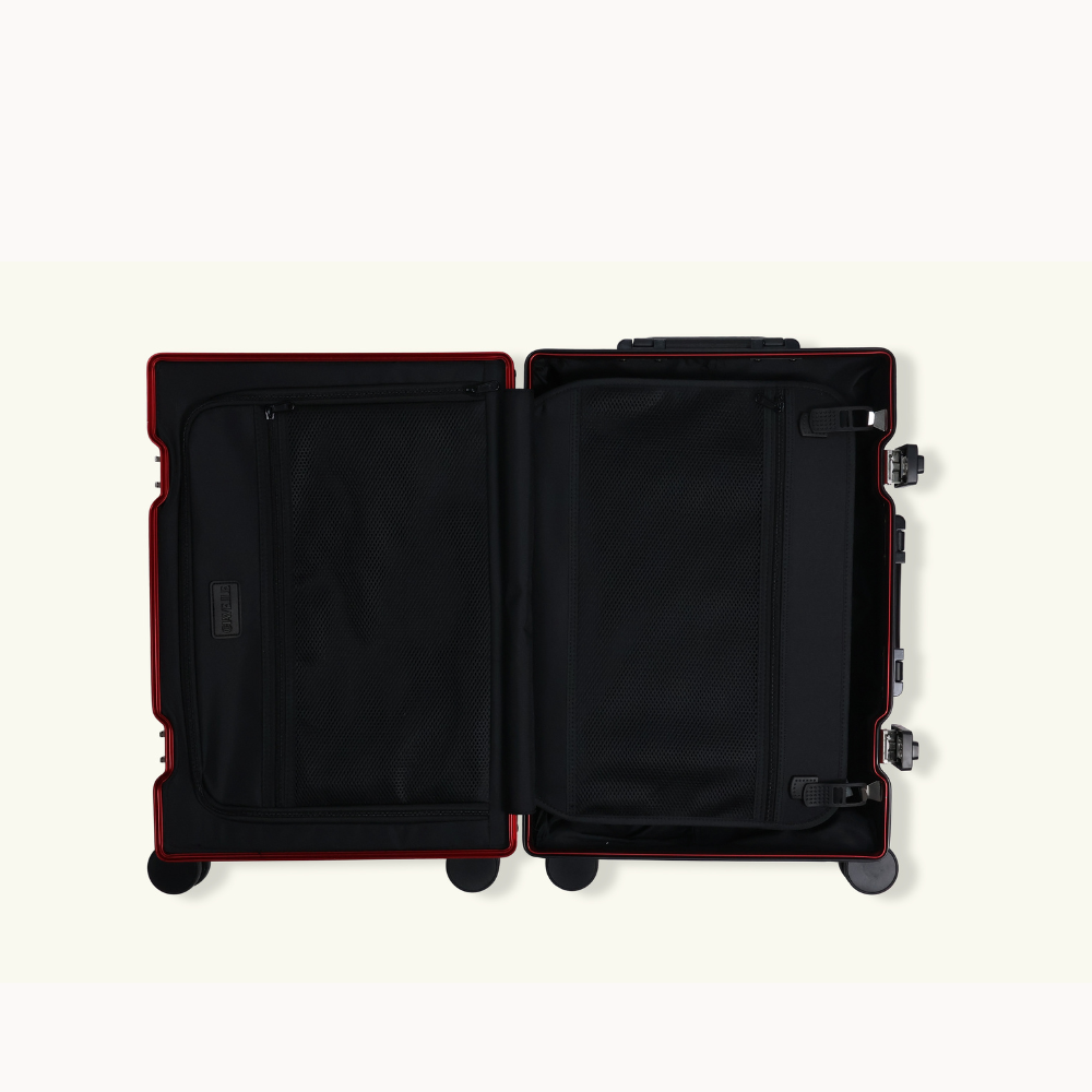 CHAVELLE aluminium suitcase cherry red open view showing spacious interior and compartments