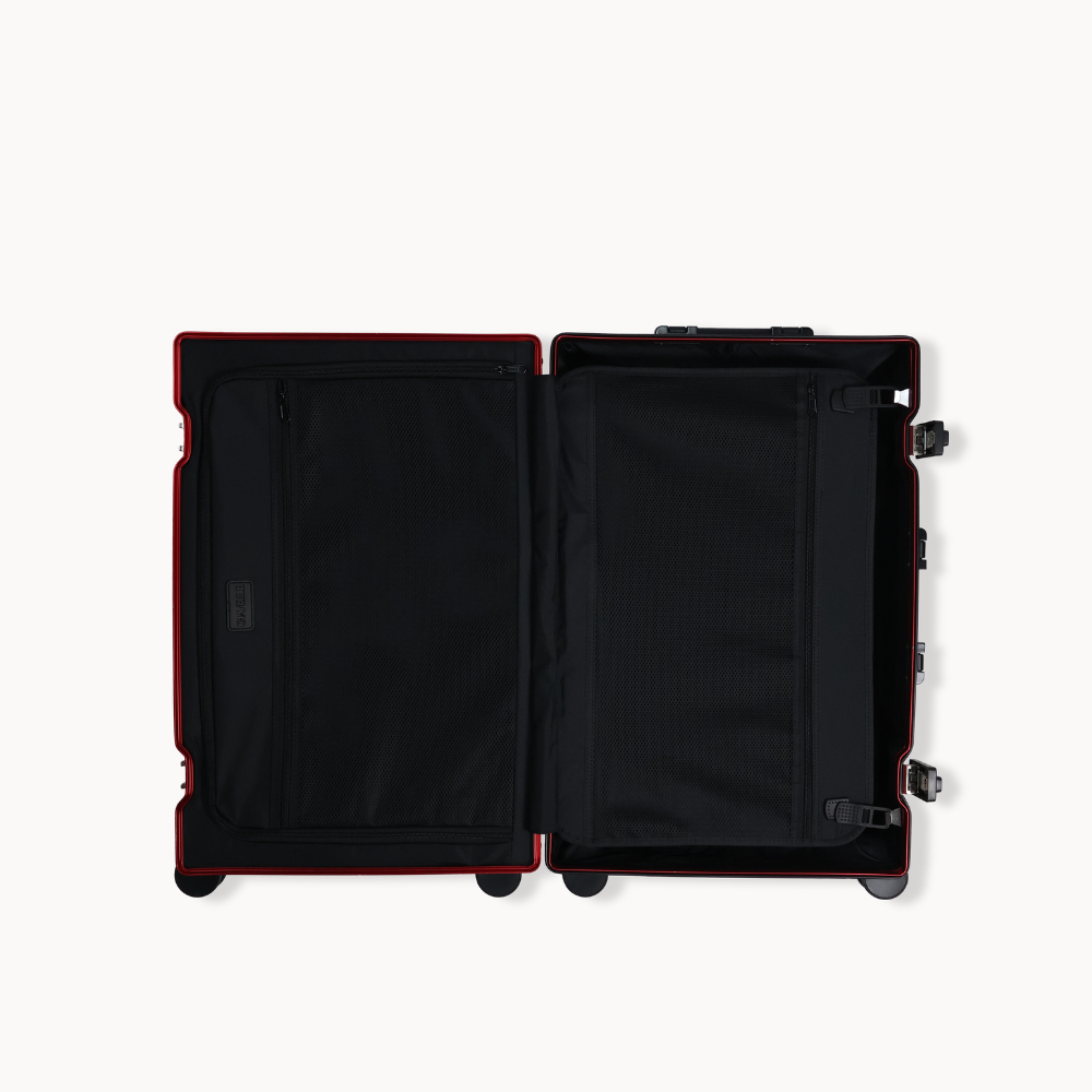 CHAVELLE aluminium suitcase cherry red open view showing spacious interior and compartments