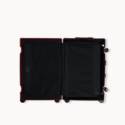 CHAVELLE aluminium suitcase cherry red open view showing spacious interior and compartments