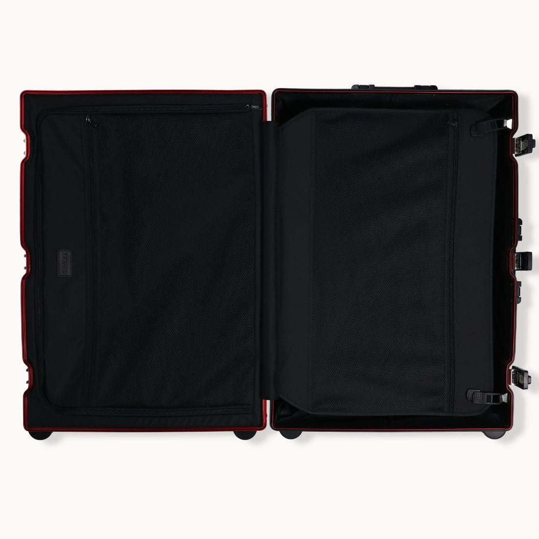 CHAVELLE aluminium suitcase cherry red open view showing spacious interior and compartments