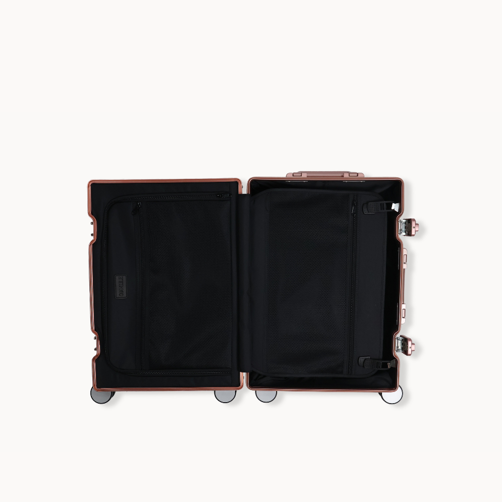 CHAVELLE aluminium suitcase rose gold open view showing spacious interior and compartments