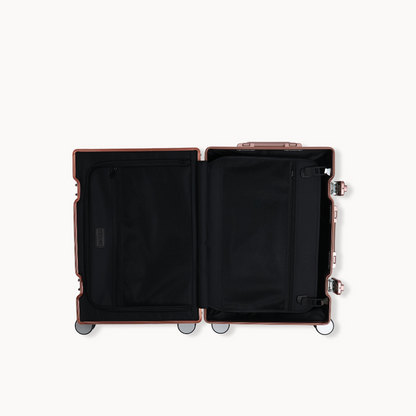 CHAVELLE aluminium suitcase rose gold open view showing spacious interior and compartments