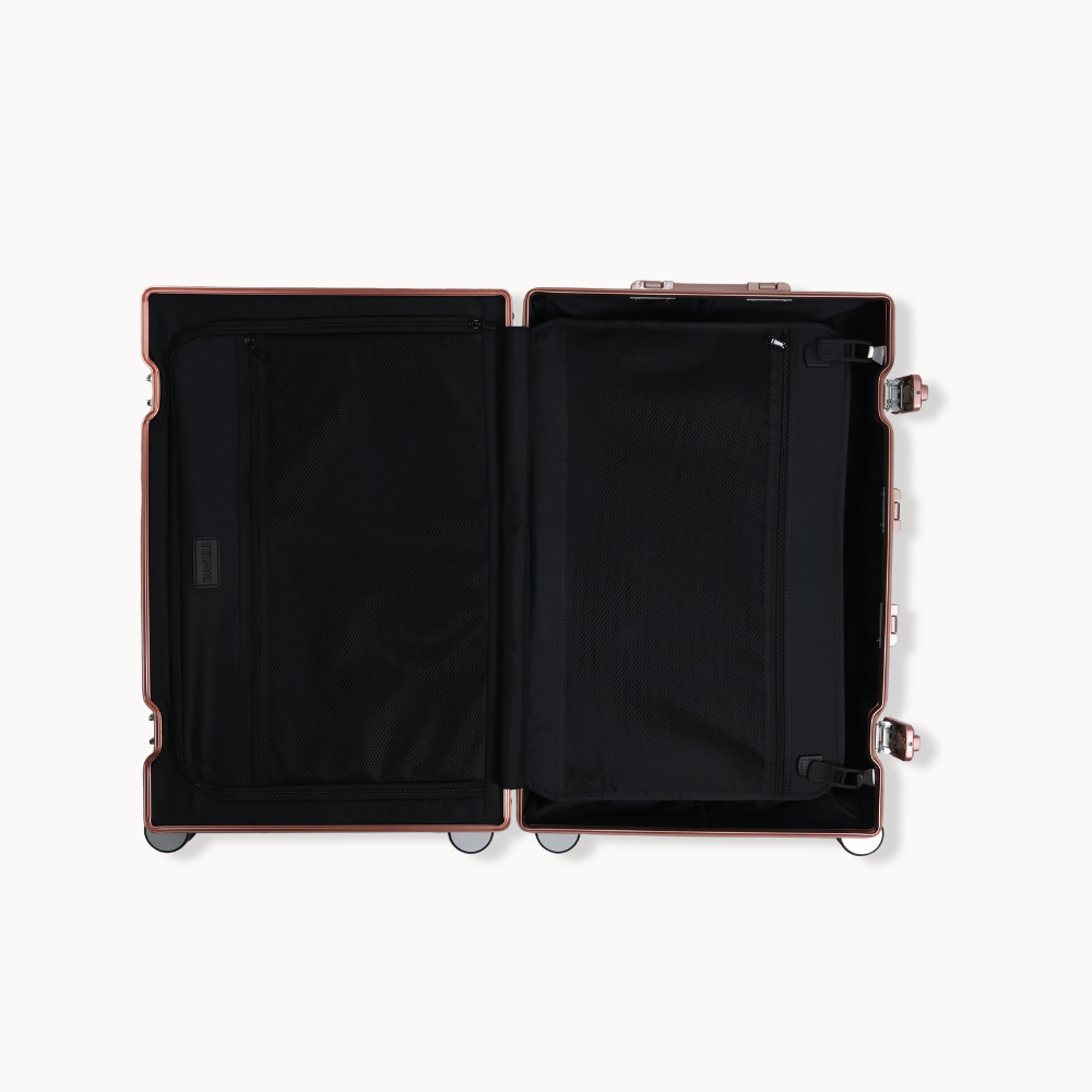 CHAVELLE aluminium suitcase rose gold open view showing spacious interior and compartments