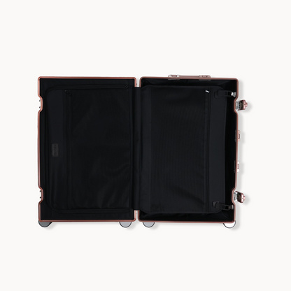 CHAVELLE aluminium suitcase rose gold open view showing spacious interior and compartments