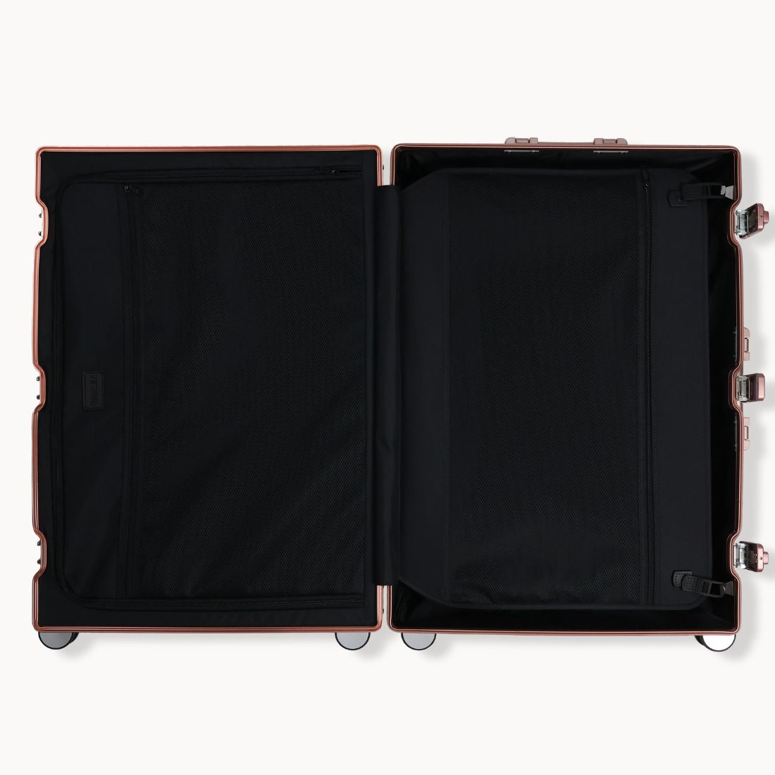 CHAVELLE aluminium suitcase rose gold open view showing spacious interior and compartments