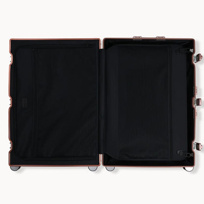 CHAVELLE aluminium suitcase rose gold open view showing spacious interior and compartments