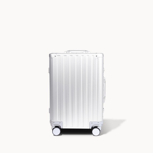 CHAVELLE aluminium luxury suitcase  silver with hard-shell design highlighting durable aluminium construction
